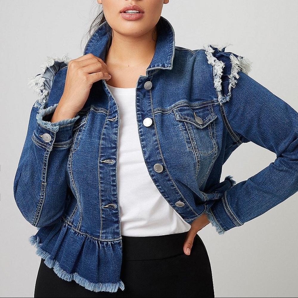 FAST LANE RUFFLE-SHOULDER & PEPLUM DENIM JACKET